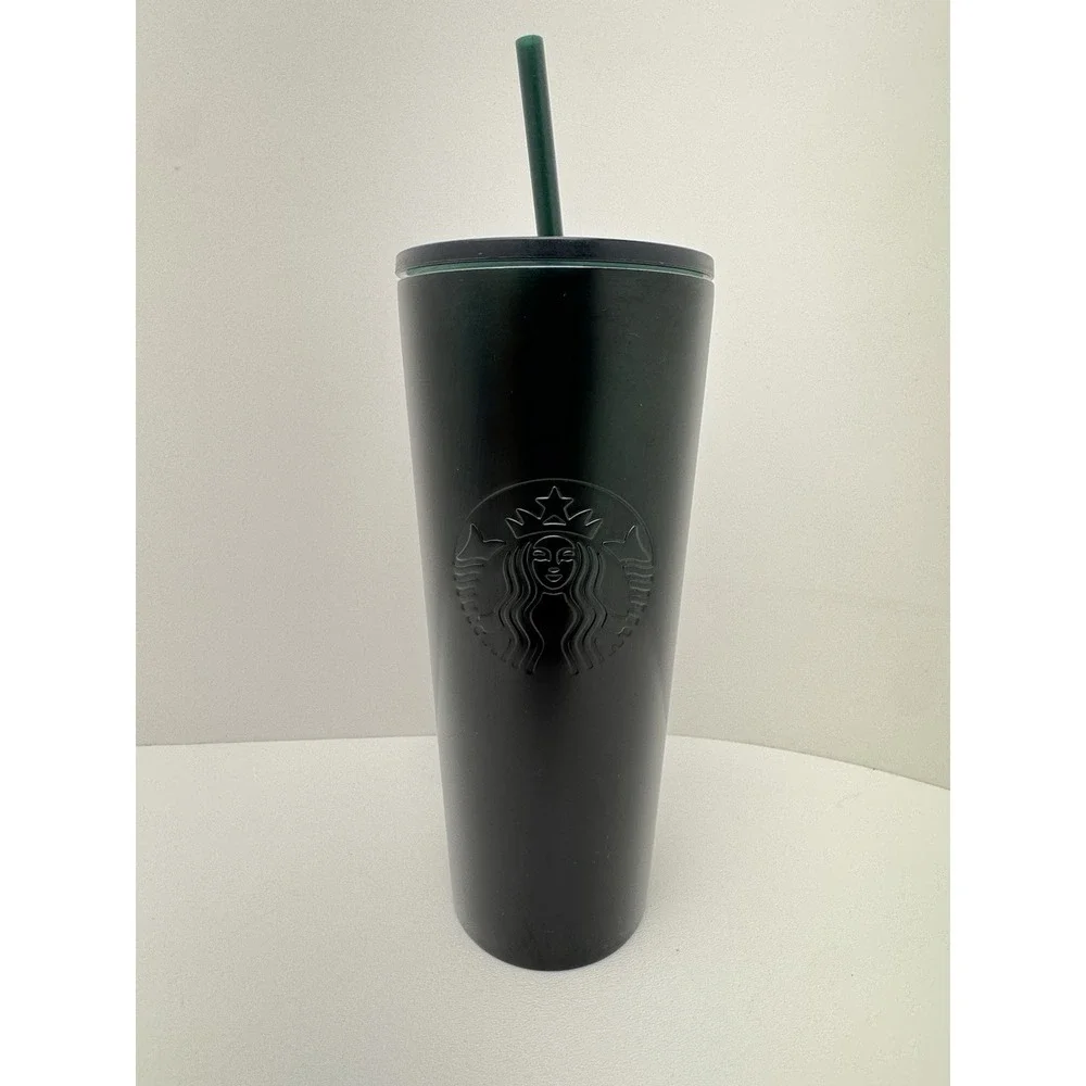 Starbucks ‎ New Matte Black/Green Stainless Steel Cold Cup Tumbler 24oz w/ Straw